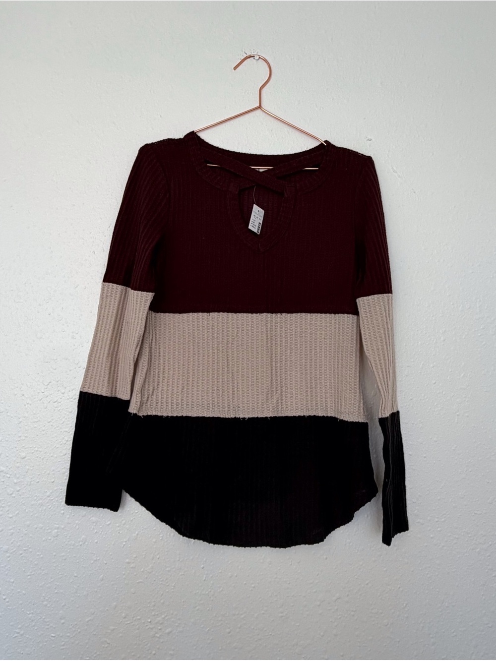 Maurices Colorblock Knit Top in Burgundy, Cream & Black waffle knit